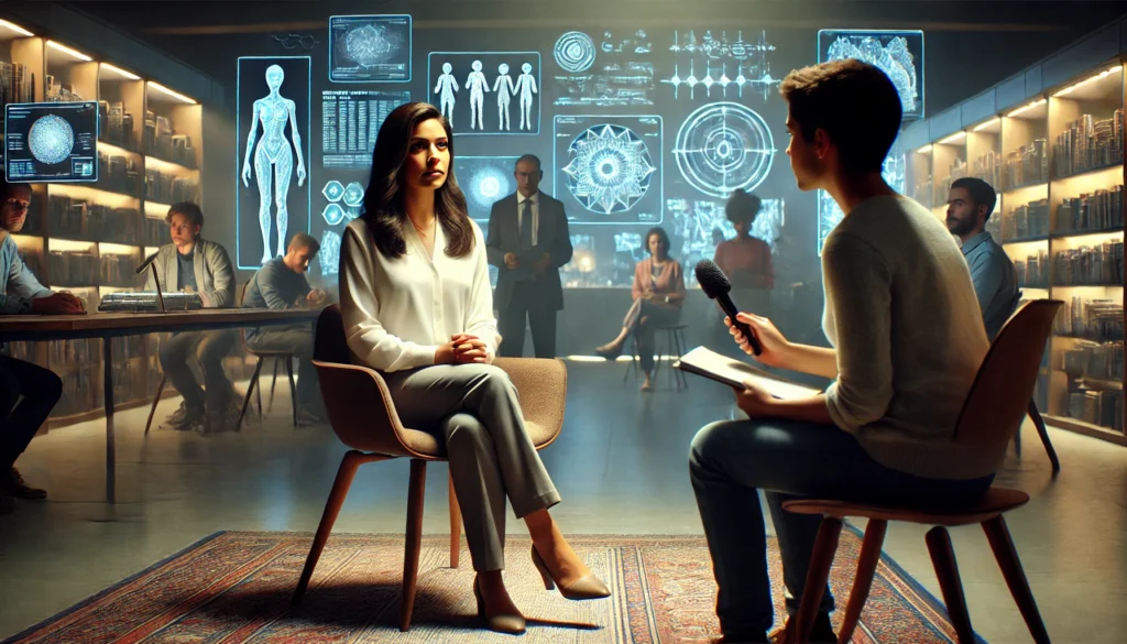 Elena Mendez, een vastberaden wetenschapper, wordt geïnterviewd in een futuristische bibliotheek met holografische displays en wetenschappers op de achtergrond.