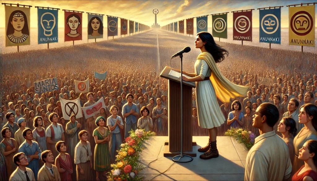 Maria Santos staat op een podium en spreekt een enorme, diverse menigte toe, terwijl jonge leiders klaarstaan om haar missie voort te zetten.