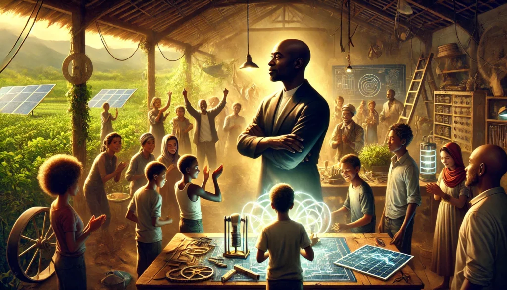 Malik Hussein staat trots in een werkplaats terwijl jongeren een innovatief energieapparaat demonstreren, omringd door gereedschap en een bloeiende gemeenschap op de achtergrond.