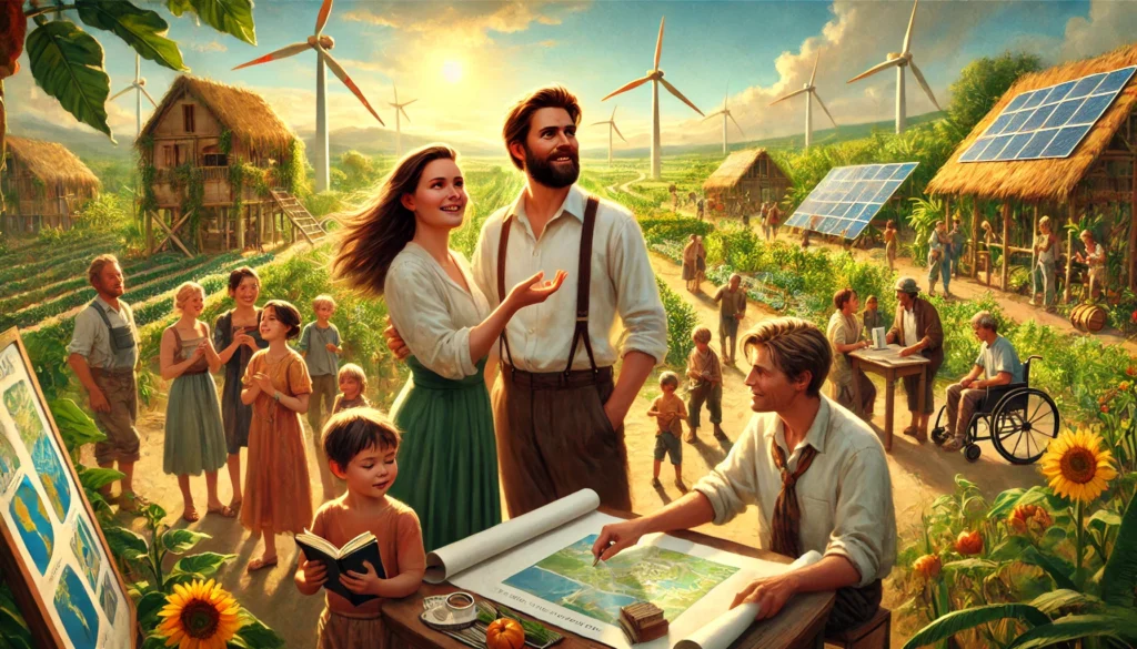 Daan en Sophie Verhoeven staan in een groene gemeenschap, waar Sophie plannen bespreekt en Daan verhalen deelt met kinderen, terwijl mensen samen werken aan duurzame projecten.