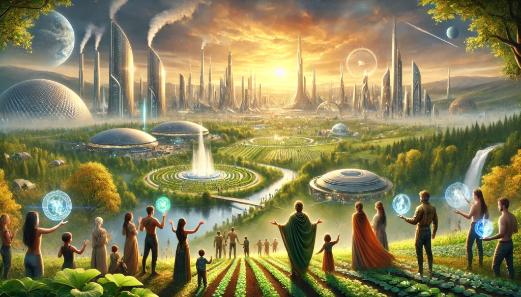 Een serene wereld waar futuristische structuren en groene natuur samenkomen, met Elena, Daan, Malik, Maria en Basir die uitkijken over een gouden horizon vol hoop.