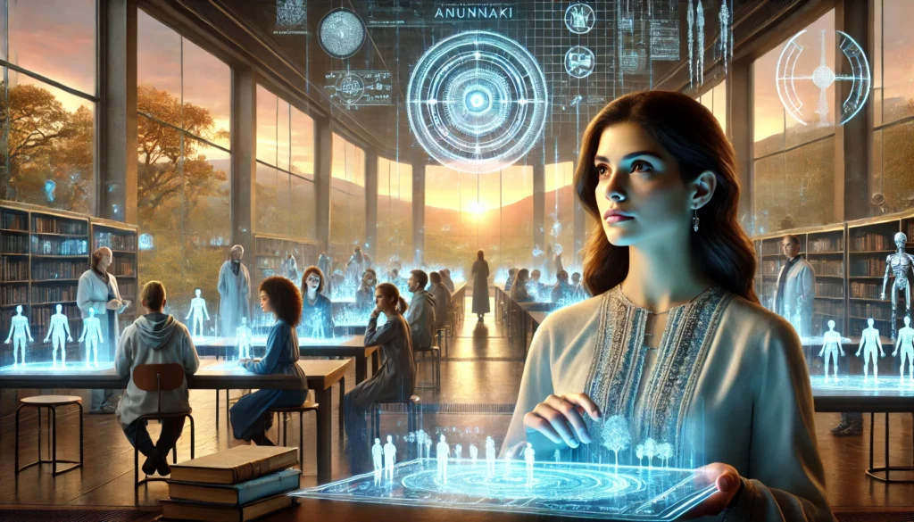 Elena Mendez staat in een futuristische bibliotheek vol holografische displays en boeken, terwijl studenten en wetenschappers om haar heen leren en studeren.