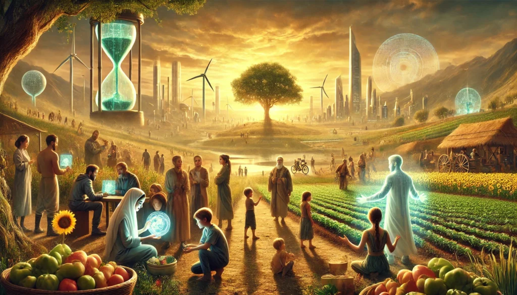 Een diverse gemeenschap werkt samen in een groen landschap met duurzame technologieën, terwijl Elena, Daan, Malik, Maria en Basir de vruchten van hun inspanningen bewonderen.