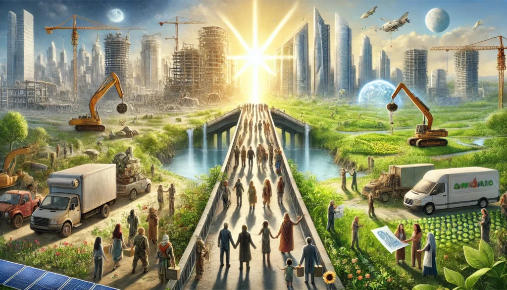 Een stad wordt herbouwd met groene technologie en duurzame gebouwen, terwijl pioniers samenwerken om anderen naar de nieuwe wereld te begeleiden.