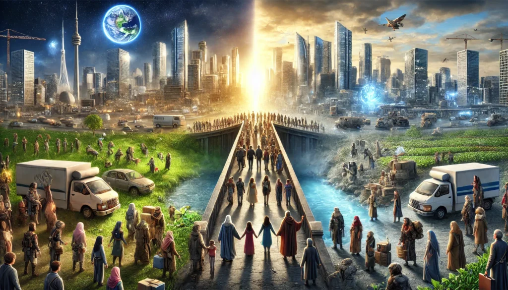 Een diverse groep pioniers staat op een brug die twee werelden verbindt: een vervallen oude stad en een bloeiende, duurzame samenleving vol hoop en vooruitgang.