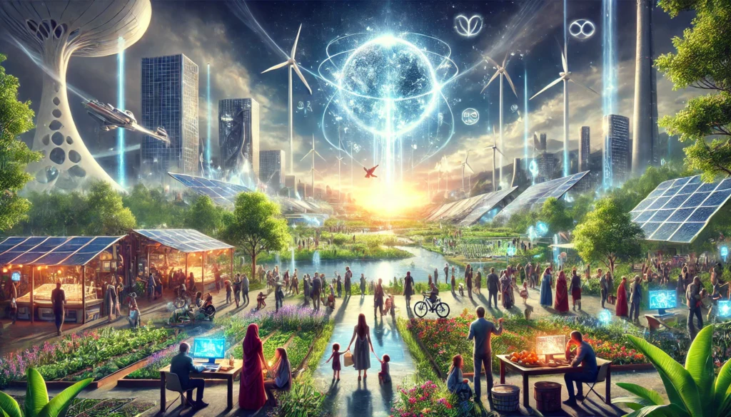 "Mensen werken samen in een wereld waar natuur en geavanceerde technologie harmonieus bestaan, met futuristische structuren en groene tuinen als symbool voor de erfenis van verandering."