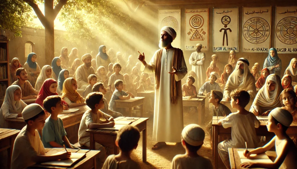 Basir al-Khazal staat in een open klaslokaal en onderwijst een diverse groep kinderen en volwassenen die actief samenwerken en leren.