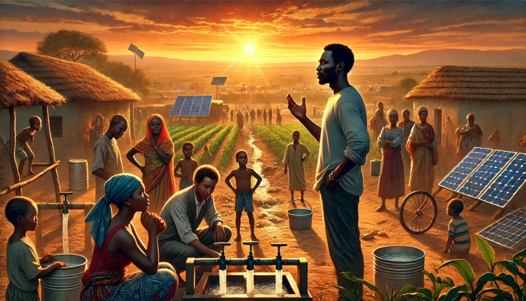 Malik Hussein, een vastberaden Afrikaanse man, traint jonge leerlingen in een dorpswerkplaats terwijl zonnepanelen en waterprojecten het succes van zijn werk laten zien.