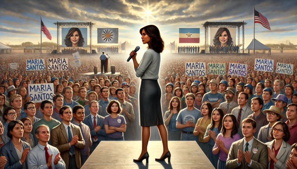 Maria Santos staat op een groot podium en spreekt een diverse, hoopvolle menigte toe, terwijl jonge leiders in de achtergrond klaarstaan om haar werk voort te zetten.
