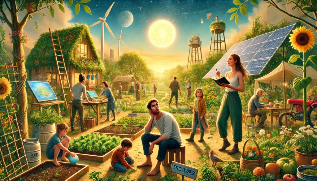 Daan en Sophie Verhoeven werken in een zelfvoorzienende gemeenschap, met Sophie die een groep leidt en Daan die verhalen vastlegt terwijl kinderen luisteren.