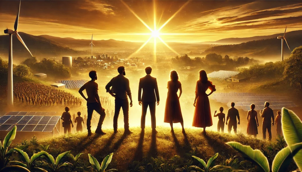 Elena, Daan, Malik, Maria en Basir staan samen op een heuveltop bij zonsondergang, kijkend naar een bloeiende, duurzame gemeenschap met bossen en windturbines.