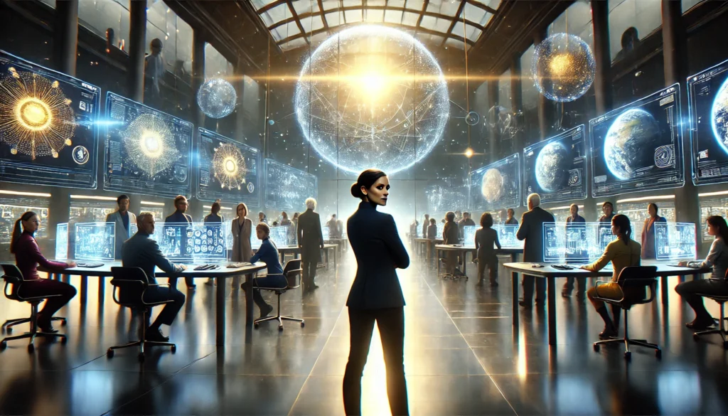 Elena Mendez staat in een futuristisch laboratorium met holografische technologieën en schematics, terwijl schaduwen van oude machtsstructuren op de achtergrond zichtbaar zijn.