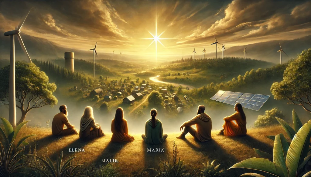 Elena, Daan, Malik, Maria en Basir zitten op een heuvel en kijken naar een duurzame gemeenschap vol groen, windturbines en zonnepanelen, onder een gouden lucht.