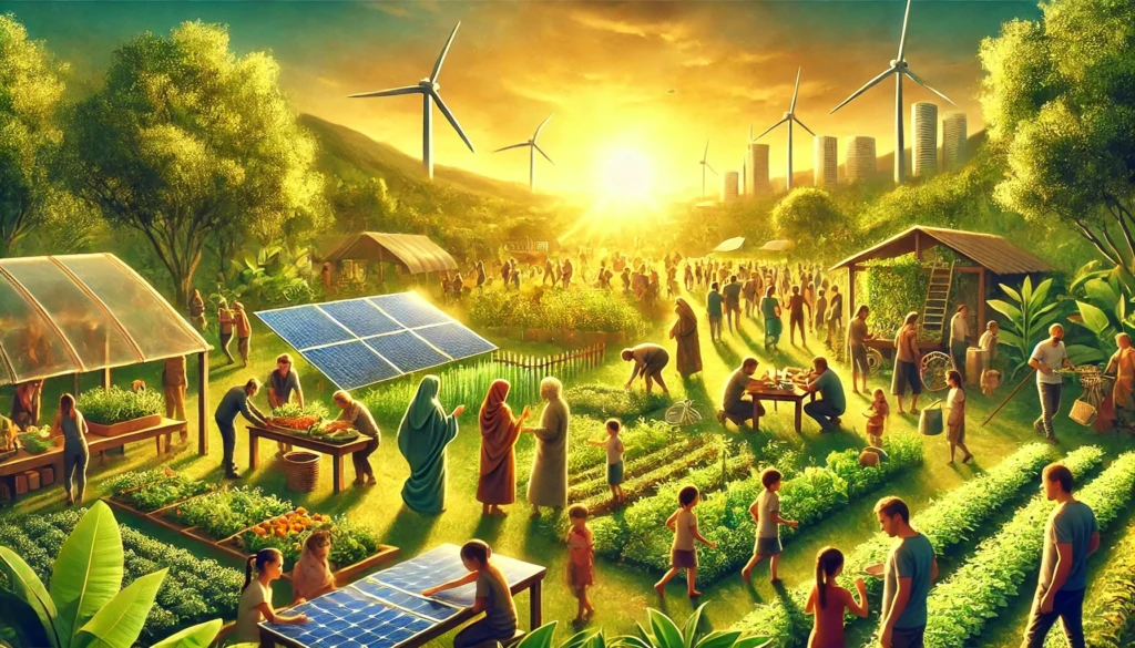 Mensen werken samen in een duurzame gemeenschap met zonnepanelen, windturbines en groene tuinen, terwijl kinderen spelen onder een heldere, gouden lucht.