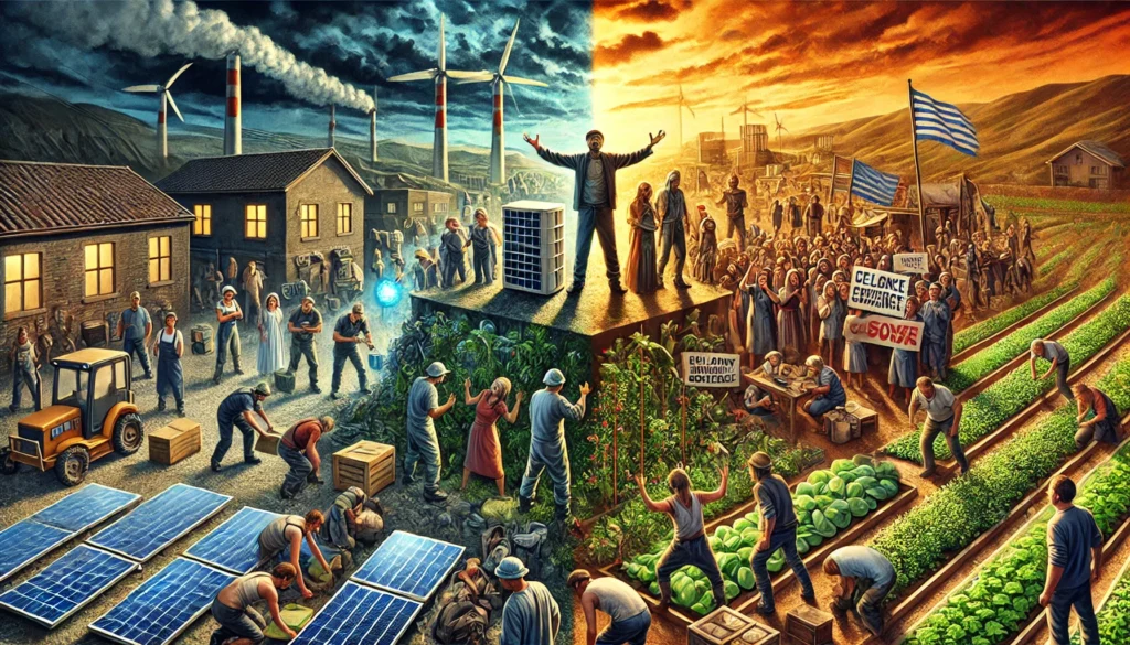 Een gemeenschap bouwt aan een duurzame toekomst, terwijl een groep mensen protesteert uit angst voor verandering, met een gespleten lucht die hoop en verdeeldheid symboliseert.