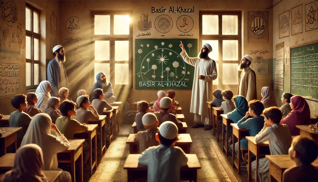 Basir al-Khazal onderwijst nieuwsgierige kinderen in een zonnig klaslokaal, terwijl ouders in de achtergrond luisteren en betrokken raken.