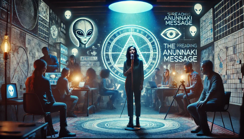 Maria Santos staat voor een camera in een ondergrondse ruimte, omringd door supporters en kaarten, terwijl ze een krachtige boodschap van hoop en waarheid deelt.