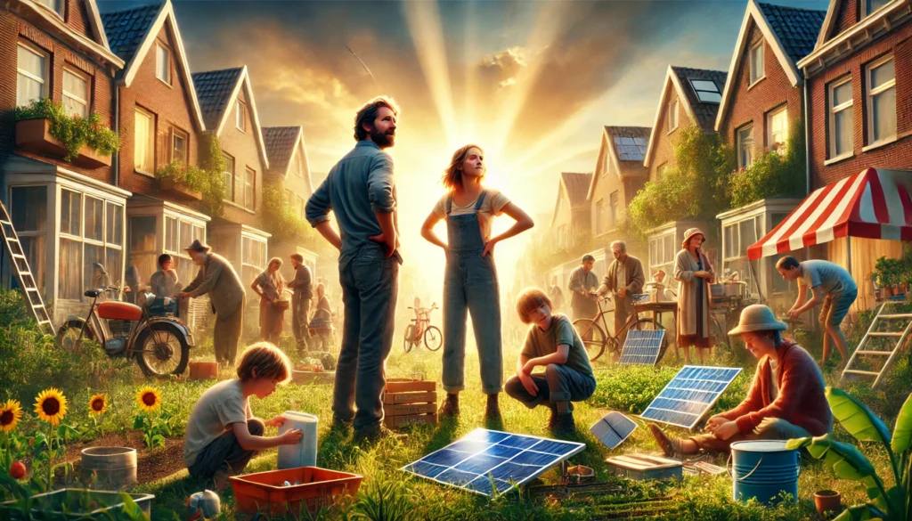 Daan en Sophie Verhoeven werken samen met buurtgenoten aan innovatieve projecten, zoals zonne-energie en tuinen, in een Nederlandse wijk.