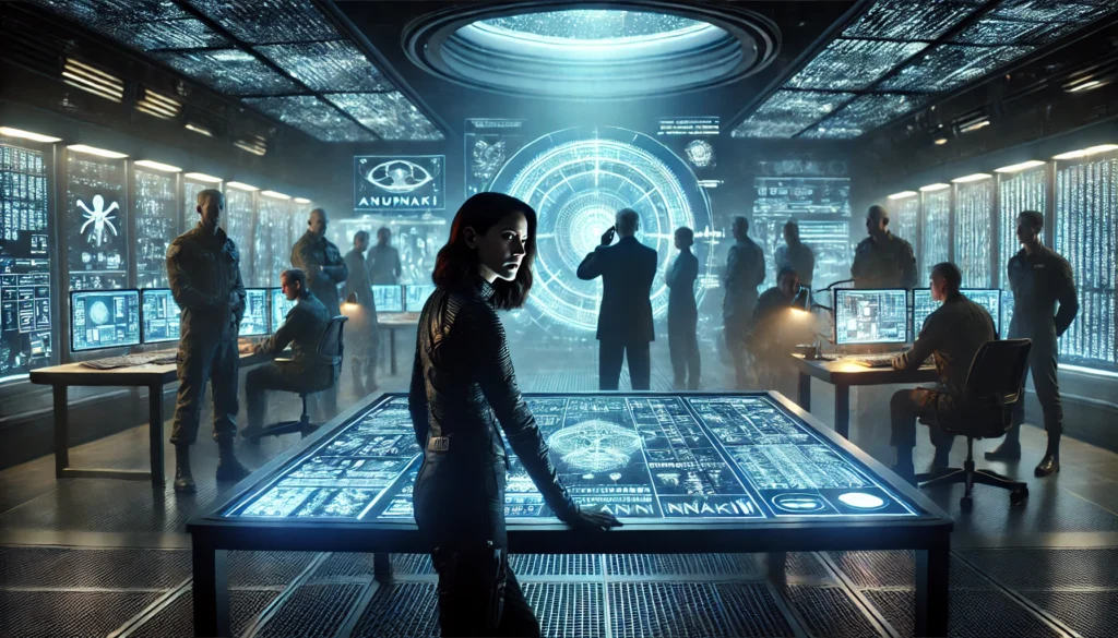Elena Mendez staat bij een holografisch werkstation vol Anunnaki-symbolen, terwijl een generaal haar in vertrouwen neemt, met militairen op de achtergrond.