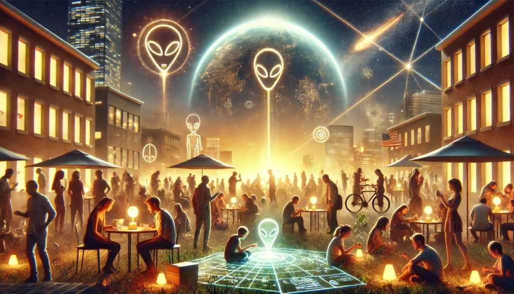 Mensen van diverse achtergronden verzamelen zich op straat en parken, werkend aan eenvoudige technologieën en holografische projecties geïnspireerd door de Anunnaki.