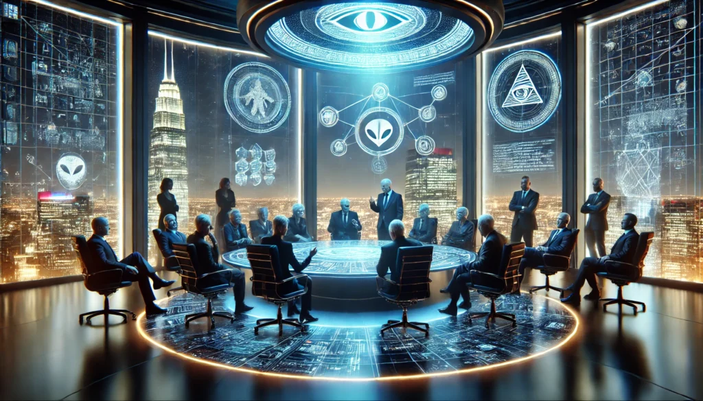 In een futuristische boardroom debatteren elites over holografische alien symbolen. Sommigen strijden gepassioneerd, terwijl anderen gesloten en sceptisch blijven.