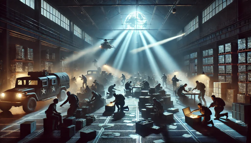 Mensen in een pakhuis pakken haastig documenten en apparatuur in terwijl lichtstralen van naderende autoriteiten door de ramen schijnen.