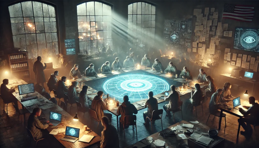 Een diverse groep mensen verzamelt zich in een geheim ondergronds vertrek, samenwerkend rond een tafel met holografische projecties van sterren en symbolen.