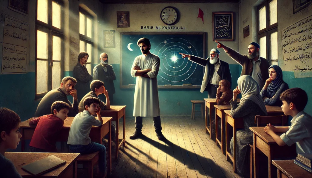 Basir al-Khazal staat voor zijn klas terwijl ouders bij de deur beschuldigend wijzen. De kinderen kijken gespannen terwijl een diagram van een ster gedeeltelijk is gewist van het krijtbord.