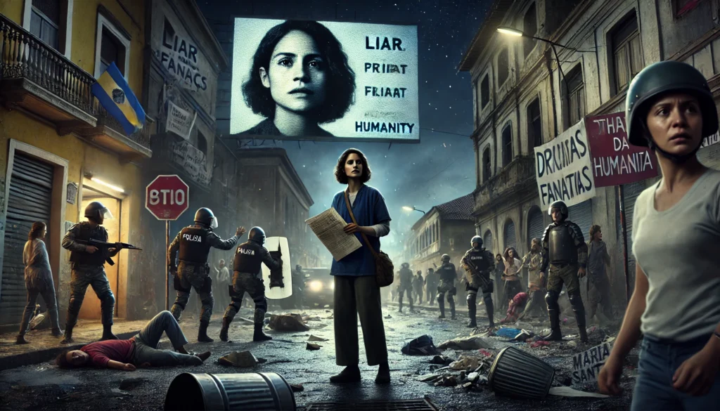 Maria Santos staat in de schaduw van een donkere steeg, met politie in de achtergrond en haar gezicht besmeurd op digitale billboards als een gevaarlijke fanaticus.