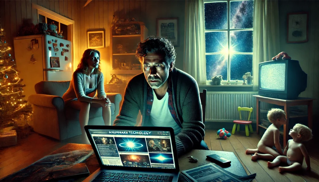 In een Nederlandse huiskamer zit Daan gefascineerd achter zijn laptop met Anunnaki-technologie, terwijl Sophie angstig en teruggetrokken op de bank zit en naar de mysterieuze ster kijkt.