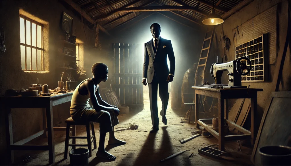 Malik Hussein staat in een doorzochte werkplaats, terwijl een schimmige figuur in een pak hem een voorstel doet, met de mysterieuze ster zichtbaar door een gebroken raam.