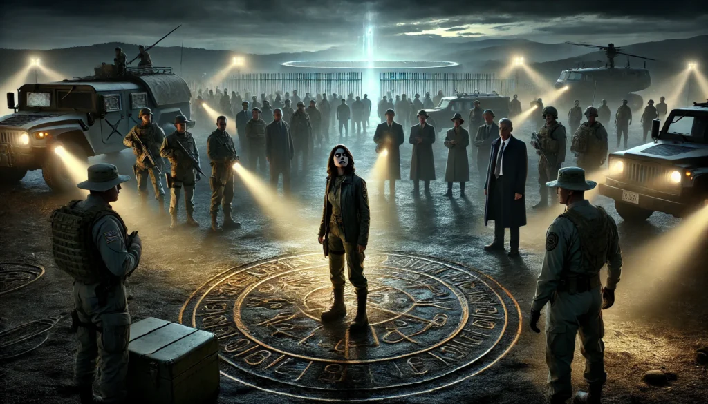 Elena Mendez staat in een door militairen bewaakte opgraving, geconfronteerd met regeringsagenten terwijl subtiele Anunnaki-symbolen om haar heen gloeien.