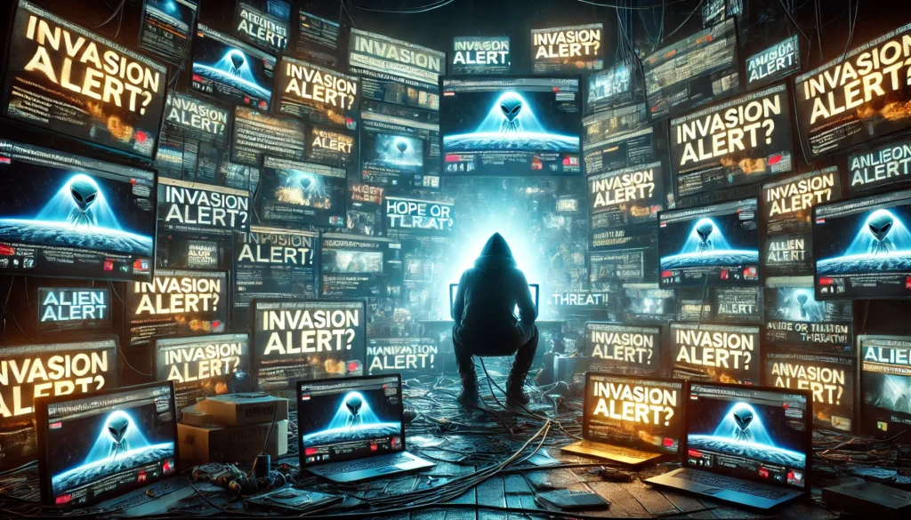 Een persoon zit overweldigd voor schermen met conflicterende berichten over de Anunnaki, terwijl informatie op de achtergrond wordt gemanipuleerd.