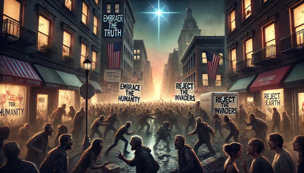 Twee groepen burgers botsen op straat met tegengestelde borden: voor samenwerking met de Anunnaki en tegen buitenaardse overheersing.