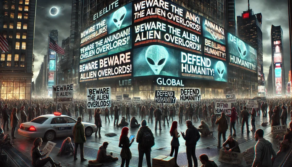 Grote schermen tonen waarschuwingen over de Anunnaki en Pleiadiërs terwijl een menigte verward en angstig toekijkt.