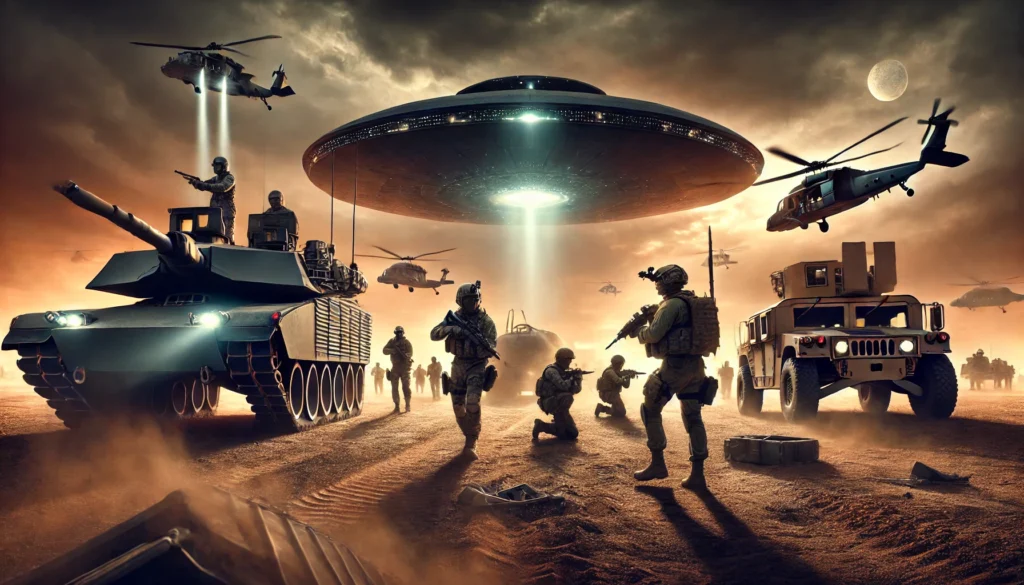 Militaire voertuigen en helikopters trekken de woestijn in richting een dreigend Anunnaki-schip, klaar voor actie.