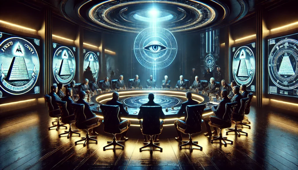 De wereldelite vergadert in een donkere ruimte met hologrammen van het Anunnaki-schip, angstig en strategisch discussiërend.