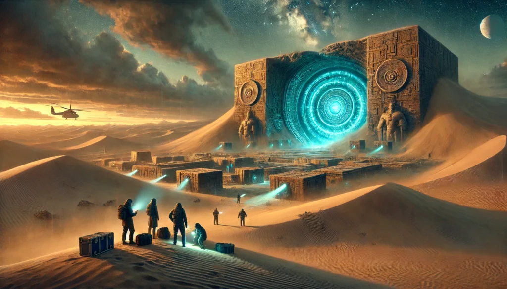 Archeologen ontdekken een futuristische ondergrondse stad in een woestijn, verlicht door mysterieuze blauwe lichten, terwijl een heldere ster aan de schemerhemel straalt.