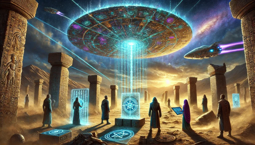 Een gigantisch buitenaards schip met turquoise en gouden gloed zweeft boven een oude woestijnstad, terwijl vijf menselijke figuren – Elena, Daan, Malik, Maria en Basir – de scène onderzoeken met hoop, technologie en symbolen in de achtergrond.