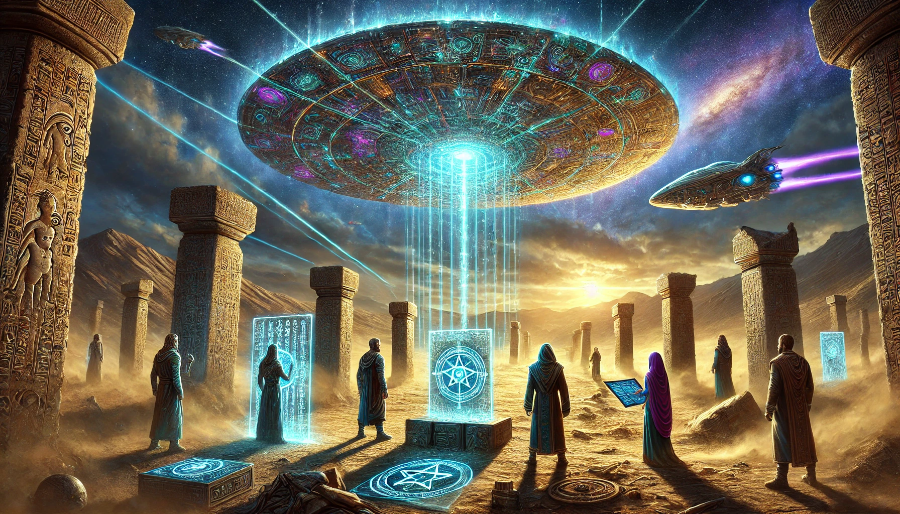 Een gigantisch buitenaards schip met turquoise en gouden gloed zweeft boven een oude woestijnstad, terwijl vijf menselijke figuren – Elena, Daan, Malik, Maria en Basir – de scène onderzoeken met hoop, technologie en symbolen in de achtergrond.