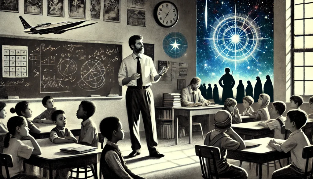 Basir al-Khazal staat in een klaslokaal voor een krijtbord met een tekening van een ster en een schip, terwijl leerlingen aandachtig luisteren.