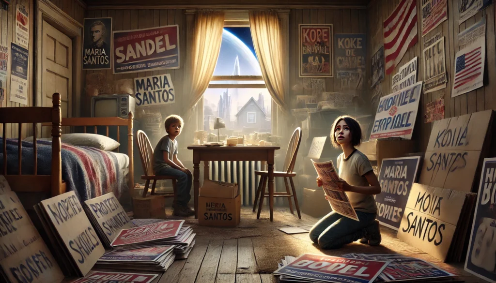 Maria Santos zit op de grond met protestposters terwijl een groot schip door het raam zichtbaar is. Haar broer Miguel kijkt bezorgd vanaf een tafel.