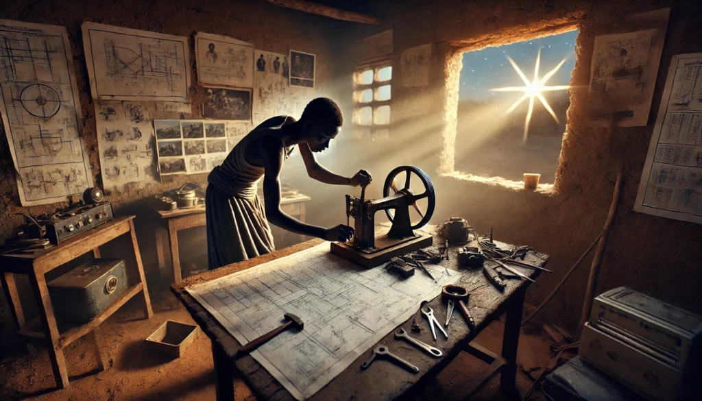 Malik Hussein werkt geconcentreerd aan een energie-generator in een stoffige werkplaats, terwijl het licht van een mysterieuze ster door een gebarsten raam valt.