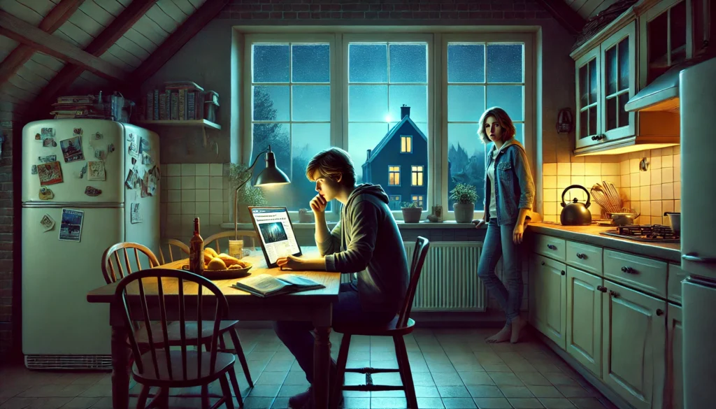 Daan leest een artikel aan de keukentafel terwijl Sophie gespannen aan het aanrecht staat. Door het raam is een pulserende ster aan de hemel te zien.