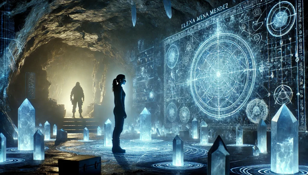 Elena Mendez onderzoekt oude symbolen op een muur in een ondergrondse kamer met blauw licht, terwijl holografische patronen om haar heen zweven en een schaduw van militaire aanwezigheid zichtbaar is.