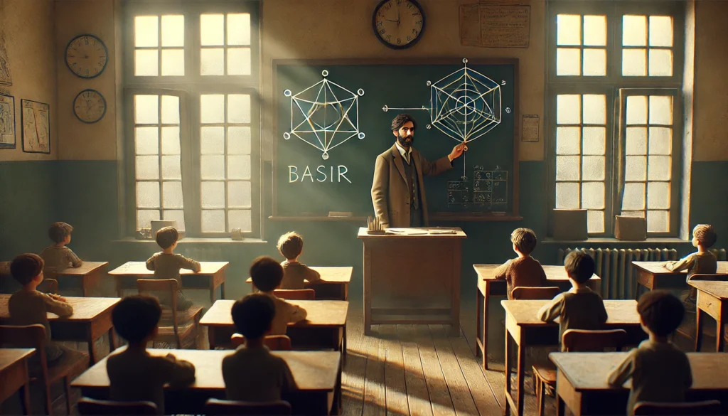 Basir, een wijze leraar, geeft uitleg over een mysterieuze ster in een eenvoudig klaslokaal terwijl kinderen aandachtig toekijken, verlicht door zonlicht.