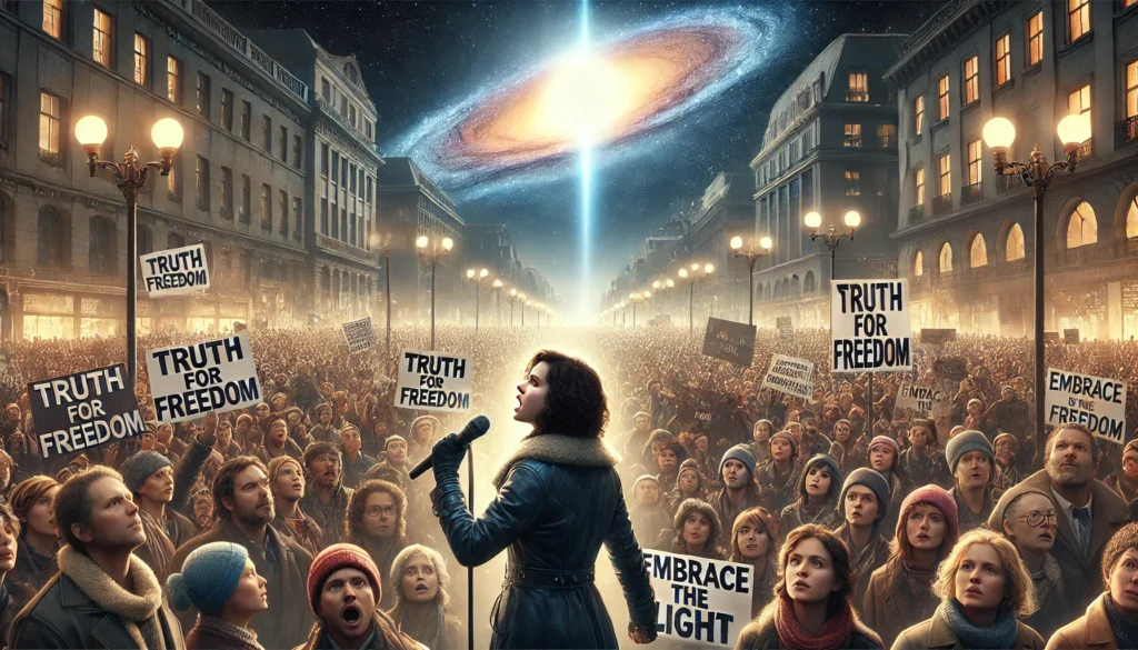 Maria, een krachtige vrouw, spreekt een menigte demonstranten toe op een stadsplein, terwijl een heldere, pulserende ster boven hen straalt als symbool van verandering.