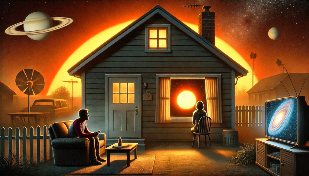 In een bescheiden huis bij zonsondergang kijkt een man hoopvol naar tv-beelden van een mysterieuze ster, terwijl een vrouw sceptisch toekijkt met haar armen over elkaar.