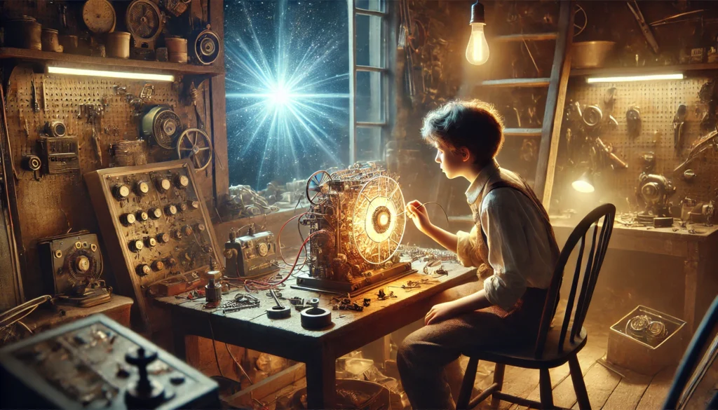 Malik, een jonge uitvinder, werkt geconcentreerd aan een futuristisch apparaat in zijn rommelige werkplaats, terwijl het licht van een pulserende ster door het raam valt.