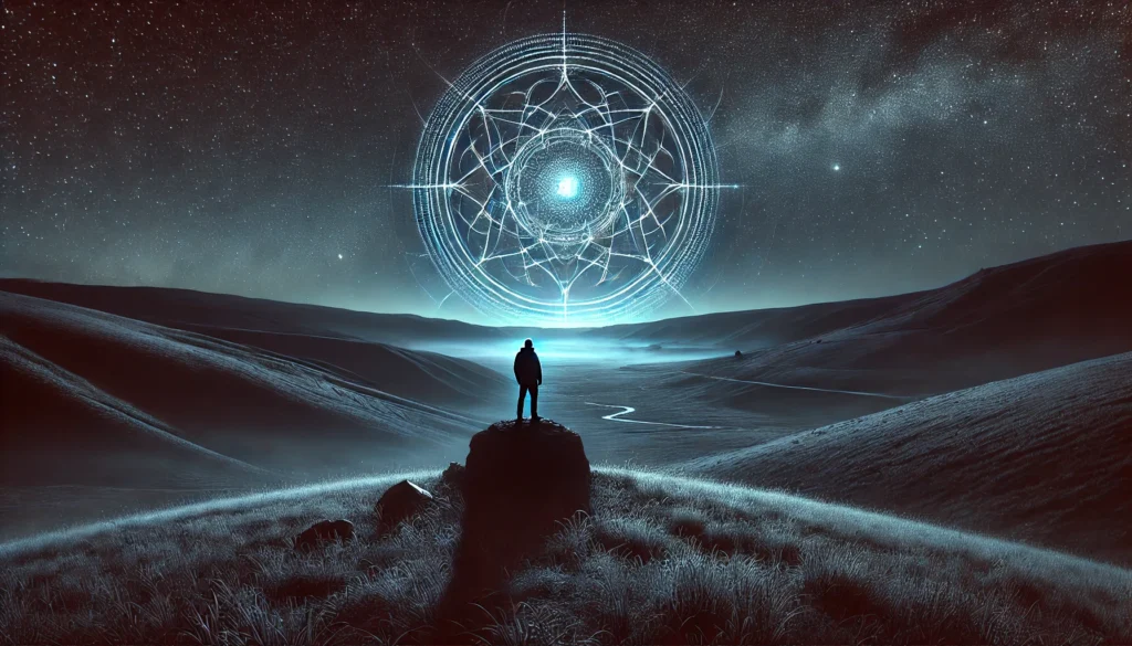 Een afgelegen landschap onder een donkere nachtelijke hemel met een grote, pulserende ster die lichtpatronen en oude symbolen uitstraalt. Een silhouet van een waarnemer staat op een rots, kijkend naar de hemel.